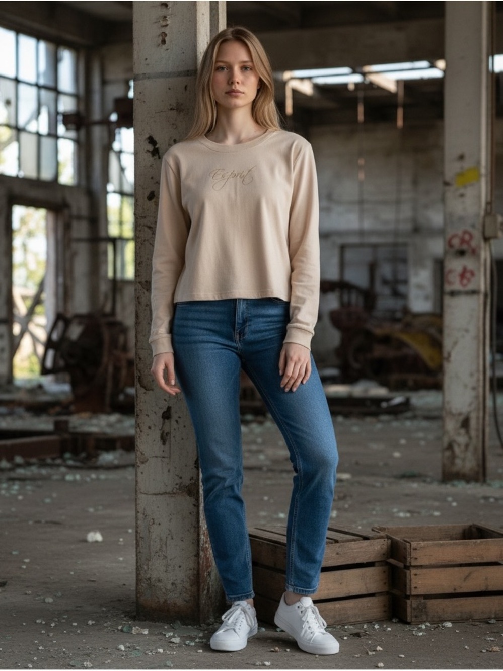 Esprit Logo Long Sleeve Crew Neck Top Beige Large